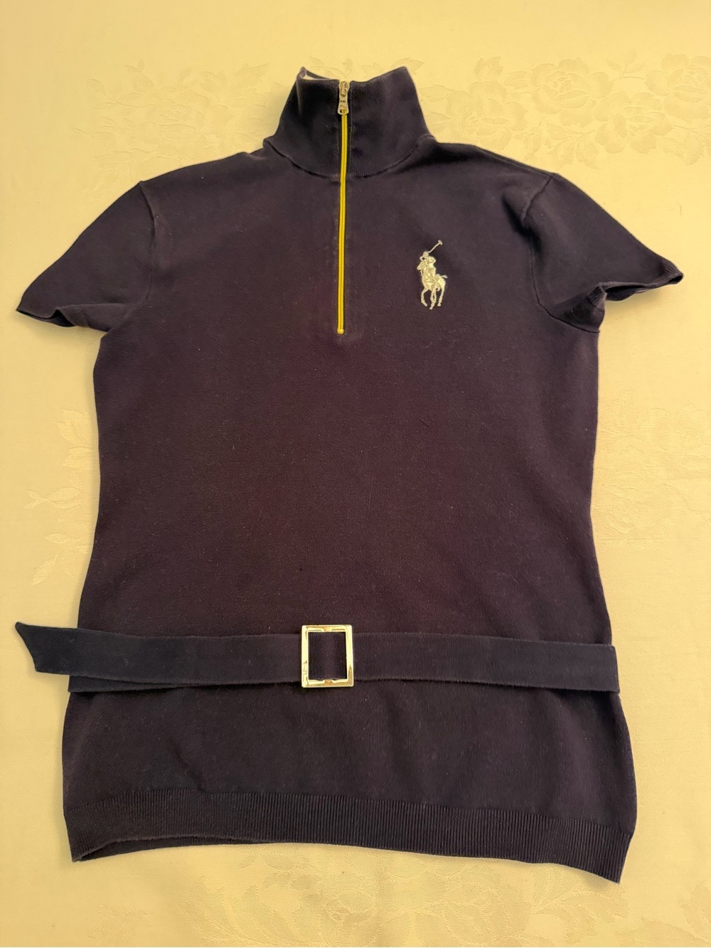 Ralph Lauren Navy Short-Sleeve Polo Sweater with Yellow Zip and Navy Belt